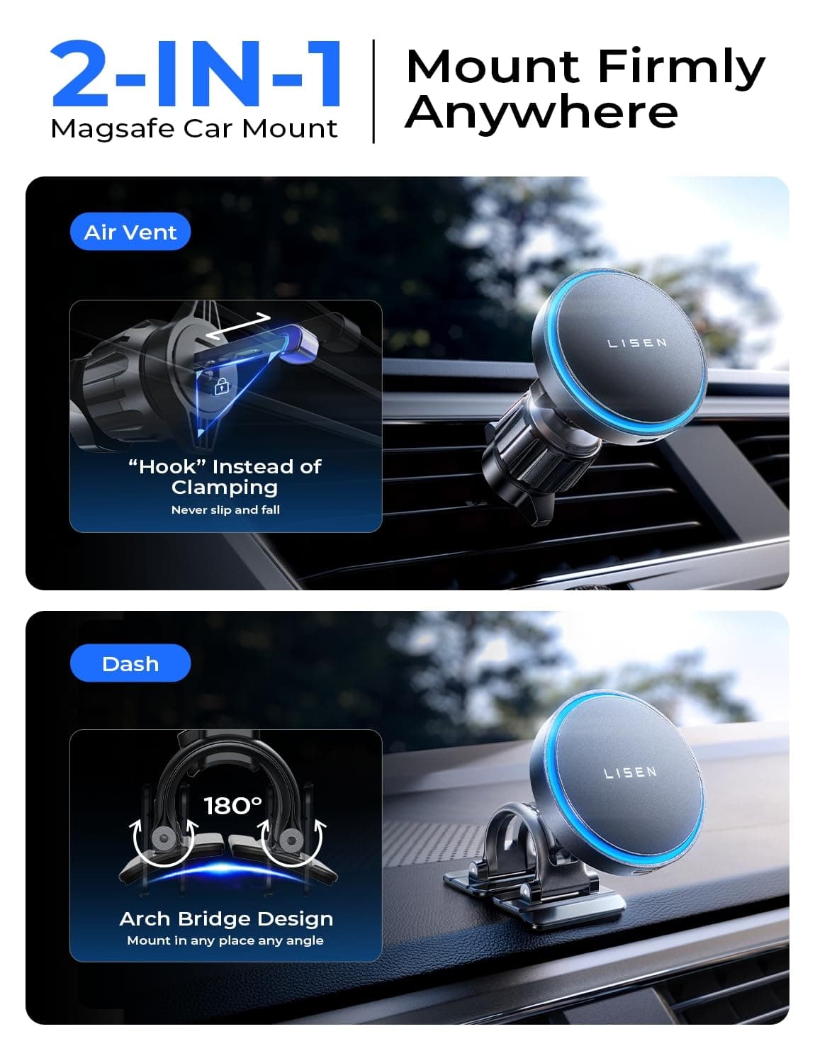 LISEN for Wireless Magsafe Car Mount Charger [15W Top Charge] Car Phone Holder Wireless Charger for iPhone 17 Pro Max Magnetic Phone Holder Cars for iPhone 17 Pro Max Air 16 15 14 Magsafe Accessories — view 2