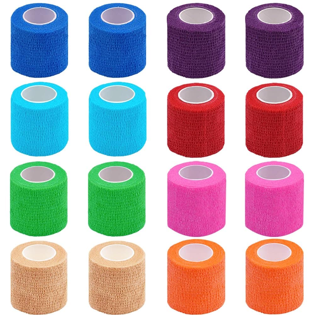 Clooflar 16 Pack Self Adhesive Cohesive Bandage, 5cm x 4.5m Elastic Football Sock Tape for Sports, First Aid Medical and Vet Wrap, Grip Tape
