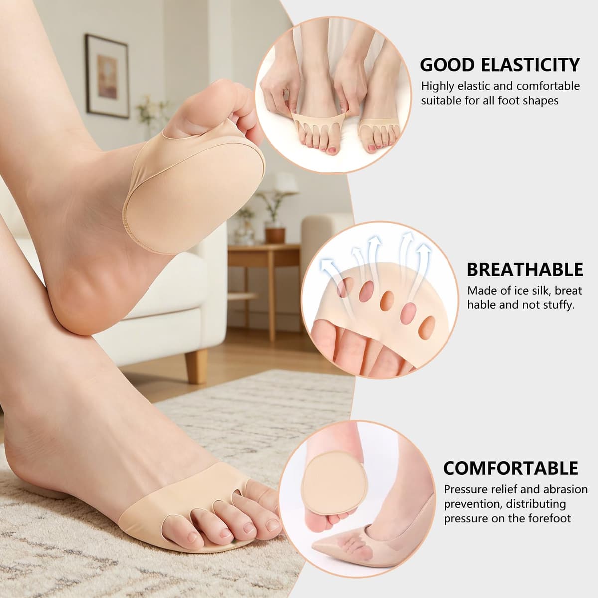 Plantillas metatarsianas, almohadillas para la bola del pie, 2 pares, calcetines transpirables de cinco dedos y medio, soporte antiolor para el antepié para mujeres y hombres, se ajusta a zapatillas — view 3