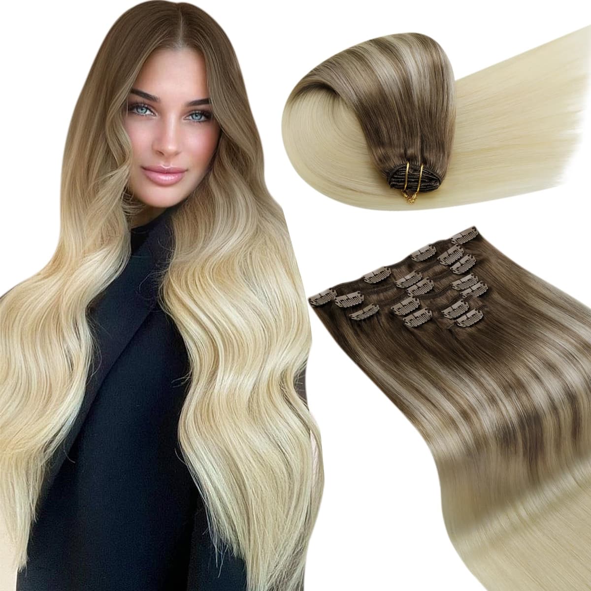 LaaVoo Hair Extensions Clip in Real Human Hair Brown Clip in Hair Extensions Dark Brown Remy Straight Hair Full Head Double Weft 80g 5pcs 14 Inch #4 — view 65