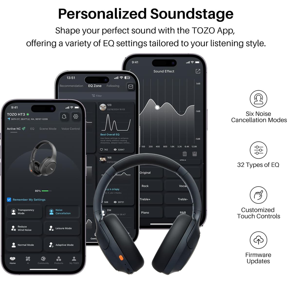 TOZO HT3 Bluetooth Headphones, Active Noise Cancelling with 5-Mic AI Chat, Wireless Over Ear Bluetooth, Hi-Res Audio, 90H Playtime, Transparency Mode, Dual Bluetooth Connection, 32 EQ Modes — view 9