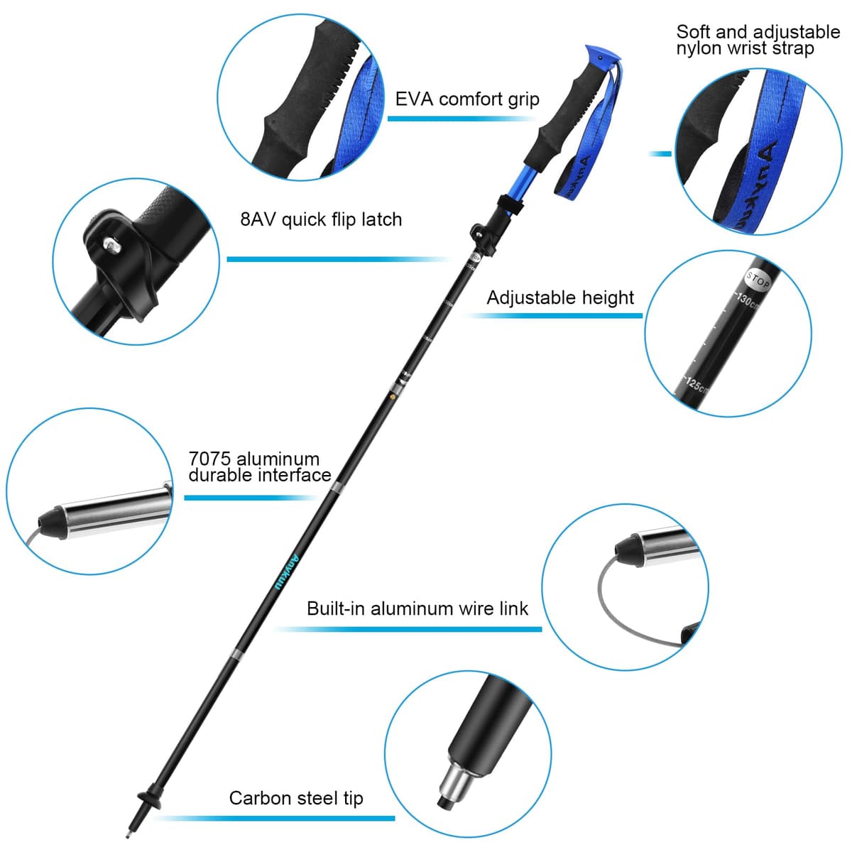 Anykuu 7075 Bastones de Senderismo de Aleación de Aluminio 2pcs y EVA Bastones Trekking Bastones Marcha Nordica Plegables Ajustar la Longitud 110-130CM para Senderismo Viaje Alpinismo Trail — view 5