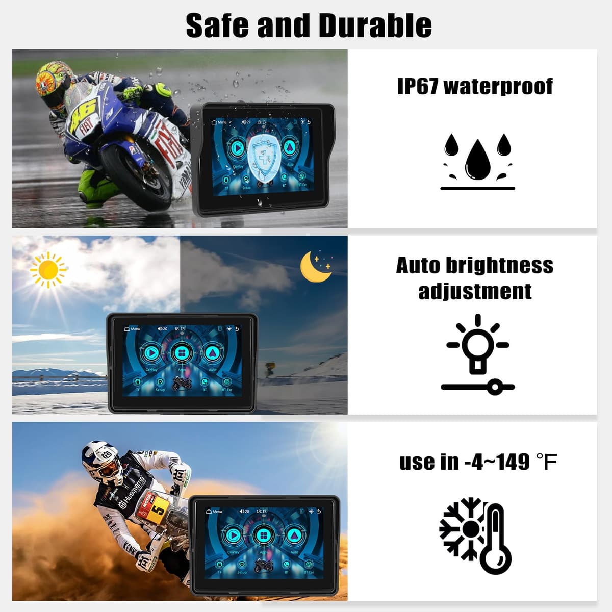 CAMECHO Carplay Moto Navi Display para Motorbike, 5 Pulgadas HD Pantalla Táctil Impermeable Motocicleta Dispositivos de Navegación con Wireless Carplay Android Auto Bluetooth GPS FM EQ Sonido — view 4
