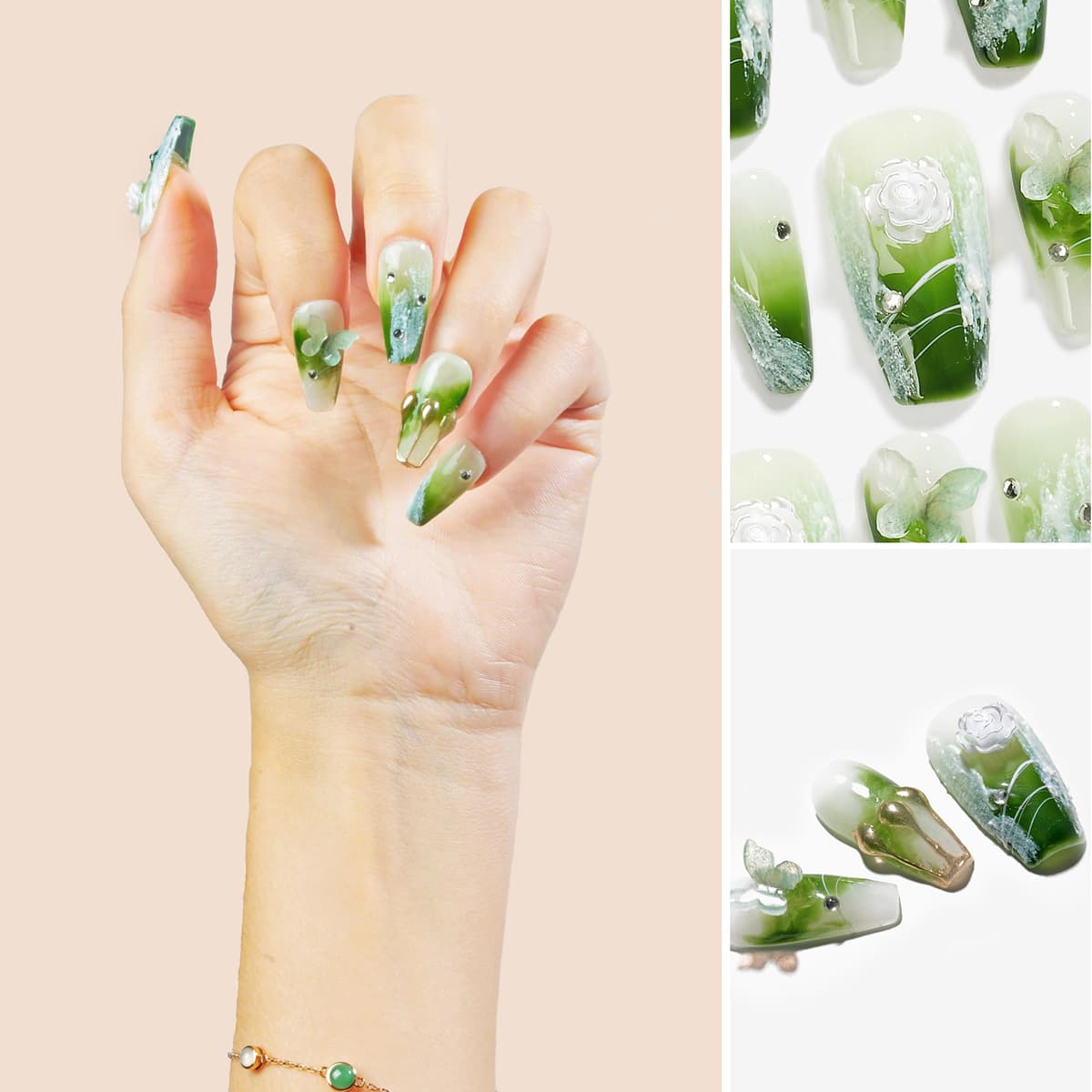 Sun&Beam Nails Handmade Press On Nail Long Coffin Ballerina Pink Flower Acrylic Fake Tip 3D Design Art Charms Cute with Storage Box 10 Pcs (S) — view 297