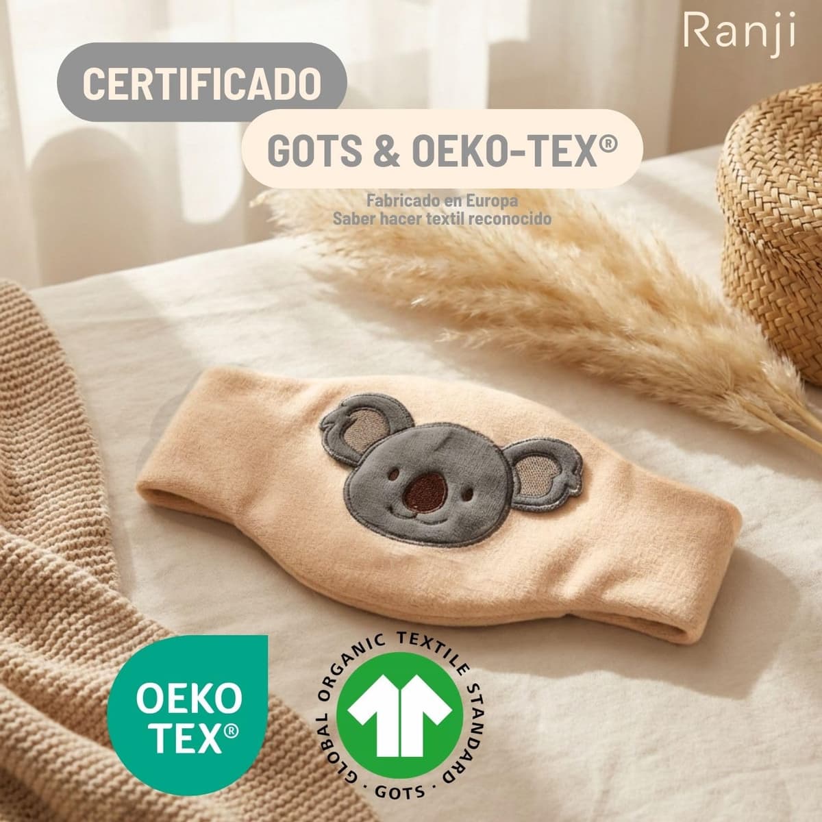 RANJI - Cinturón Anticólicos Bebé con Huesos de Cereza – Saquito de Semillas para Cólicos Bebé Recién Nacido, Algodón Orgánico GOTS & Certificación OEKO-TEX, Apto Microondas (Koala) — view 3