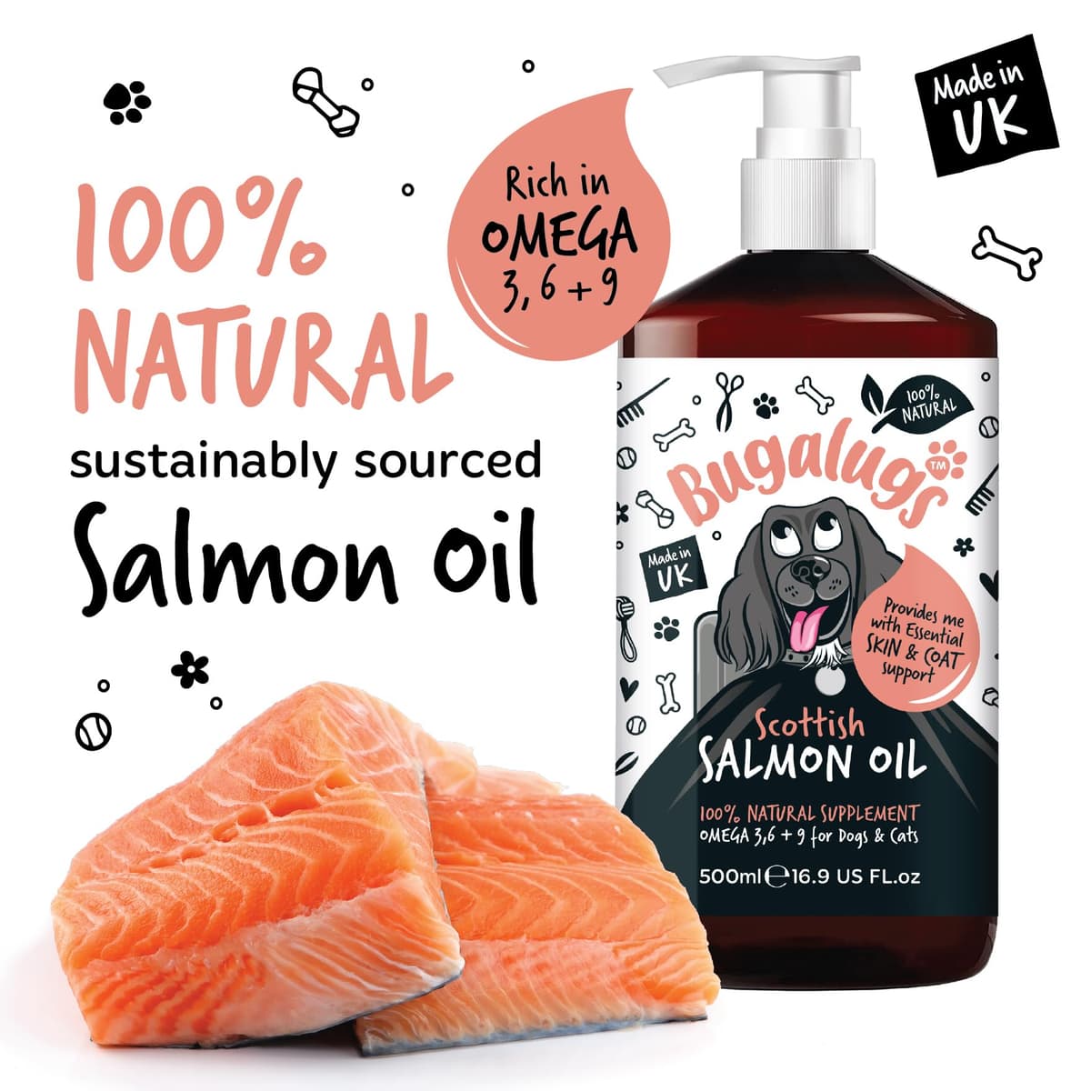 Bugalugs Scottish Salmon Oil For Dogs & Cats, Dog Supplement Support for Skin And Coat, Itchy Skin & Moulting, Omega 3 Fish Oil (Salmon, 500ml) — view 2
