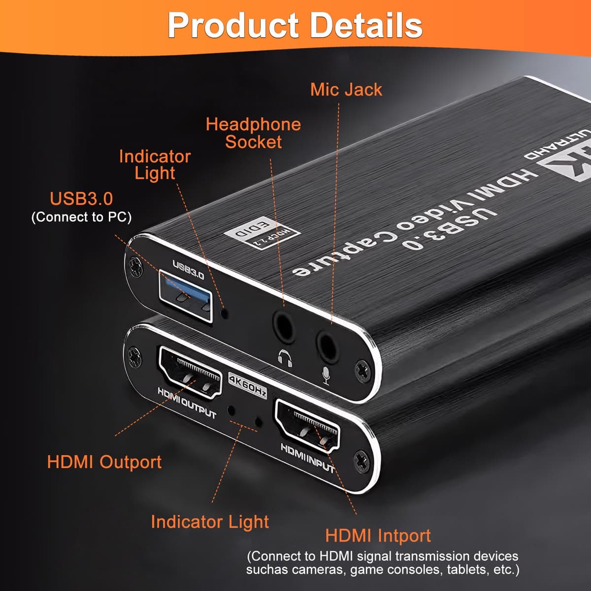 Capturadora Video Capturadora Audio y Video USB 3.0 Tarjeta de Captura 4K HDMI Loop-out 1080P 60FPS/2K 30FPS Captura de Videojuegos para PS5/Switch/cámara/PC/OBS/Xbox — view 3
