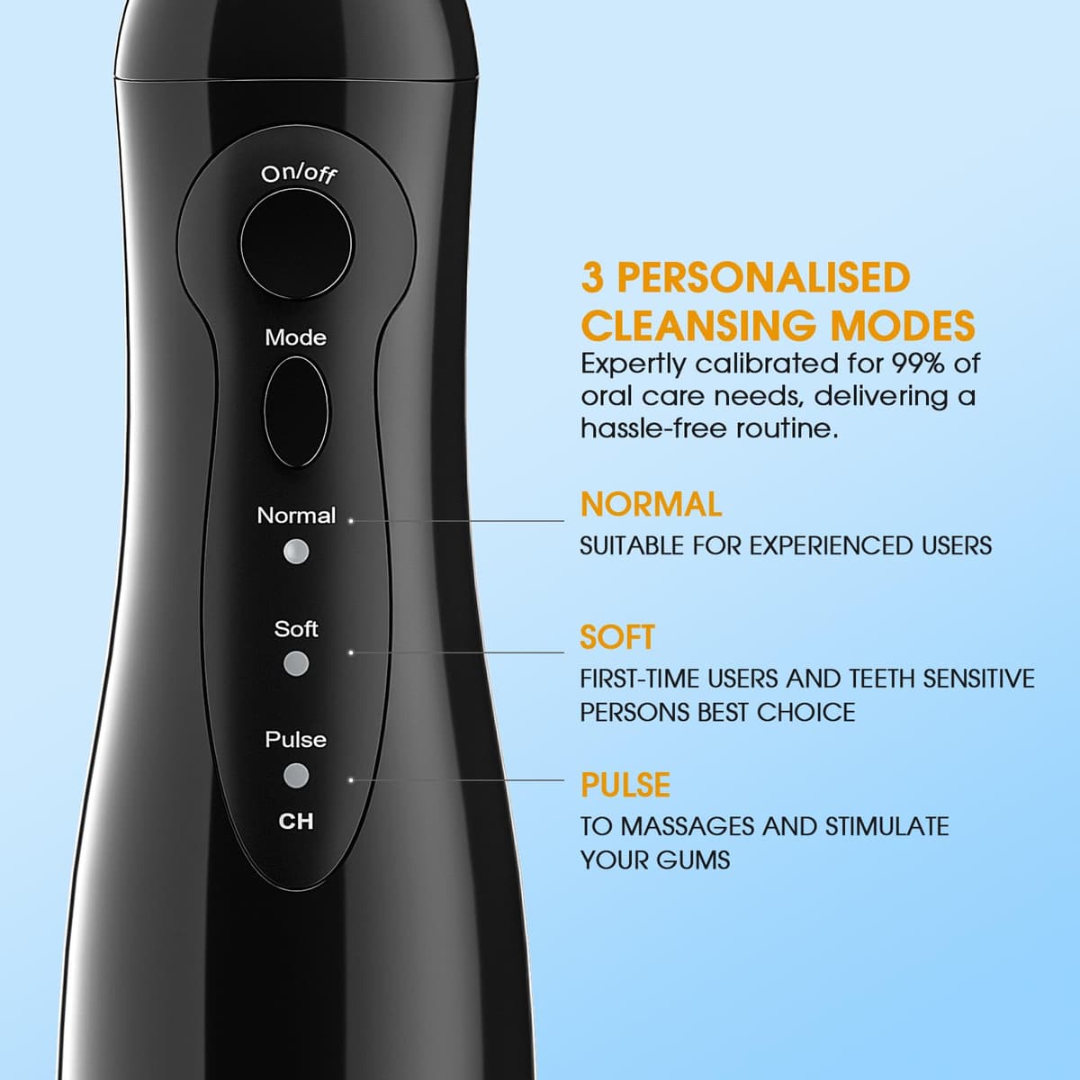 Hangsun Water Flosser for Teeth Cordless Oral Irrigator Dental Water Jet Electric Tooth Flosser with 6 Jet Tips 300ML Water Tank USB Rechargeable for Travel and Home Use (Black) — view 3