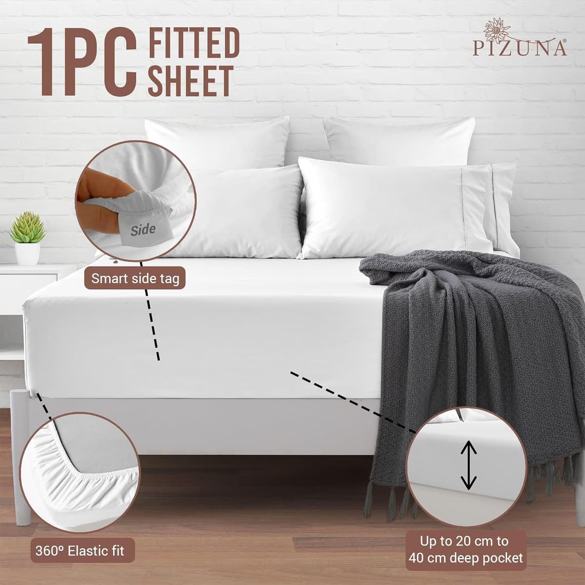 Pizuna 100% Cotton Sheets King Size White, 400 Thread Count Long Staple Cotton King Size Fitted Sheet 160x200 cm, Sateen Weave 40 cm Deep Fitted Sheet 1 PC — view 2