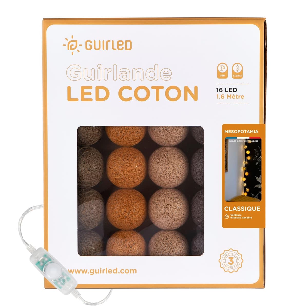 GuirLED - Guirnalda luminosa bolas de algodón LED USB- Luz de noche para bebé 2h - Adaptador de corriente dual USB 2A incluido - 3 intensidades - 16 bolas 1,6m - Mesopotamia