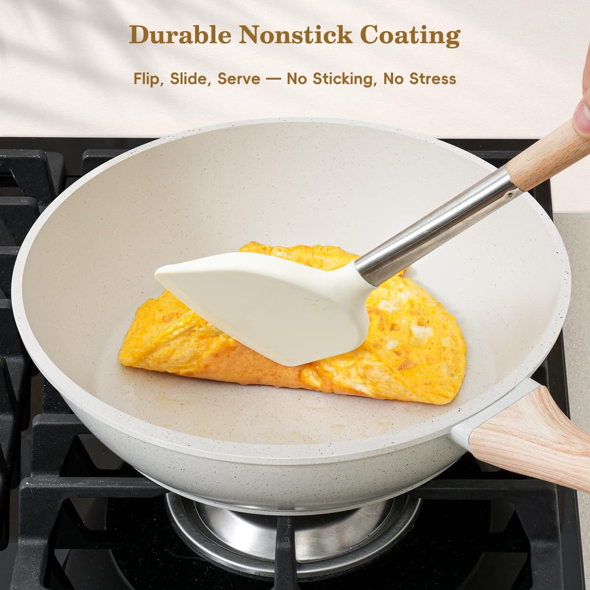12 Pcs Pots and Pans Set Non Stick, Cookware Sets White Granite Induction Cookware, Non-toxic Healthy Nonstick Kitchen Cooking Set with Frying Pan Set, Saucepans (PFAS/PFOA/PFOS Free) — view 3