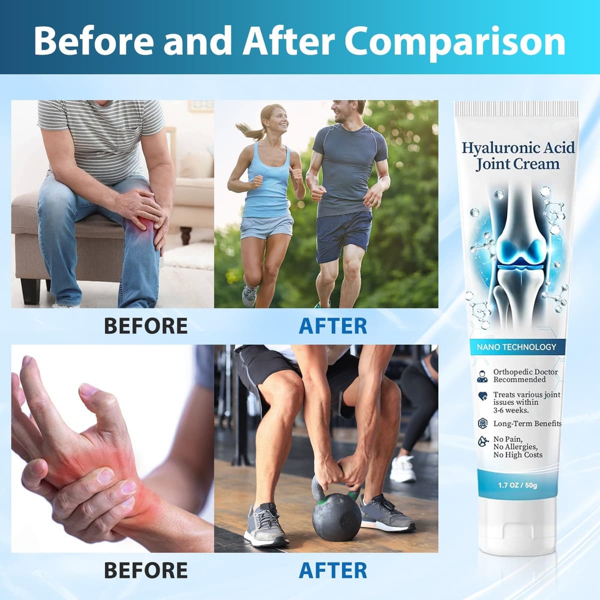 Hyaflexa Hyaluronic Acid Joint Cream, Hyaluronic Acid, Joint Cream, Suitable for Back, Neck, Hands, Feet, Joints and Knees (3PC) — view 3