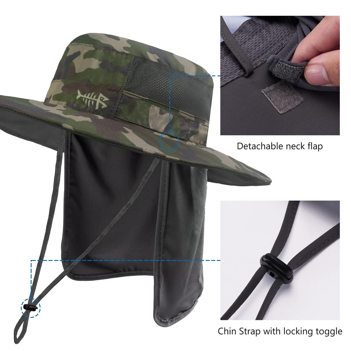 Bassdash UPF 50+ Sombrero de Pesca Solar Resistente al Agua con Solapa de Cuello Desmontable — view 4