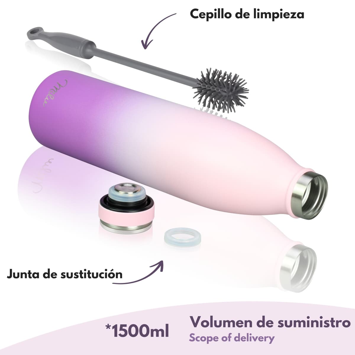 Milu Botella de acero inoxidable de 350ml 500ml 750 ml 1 L 1,5 L botella de agua aislada, termo a prueba de fugas, doble pared, apta para ácido carbónico + cepillo de limpieza (Azul Violeta, 350ml) — view 200