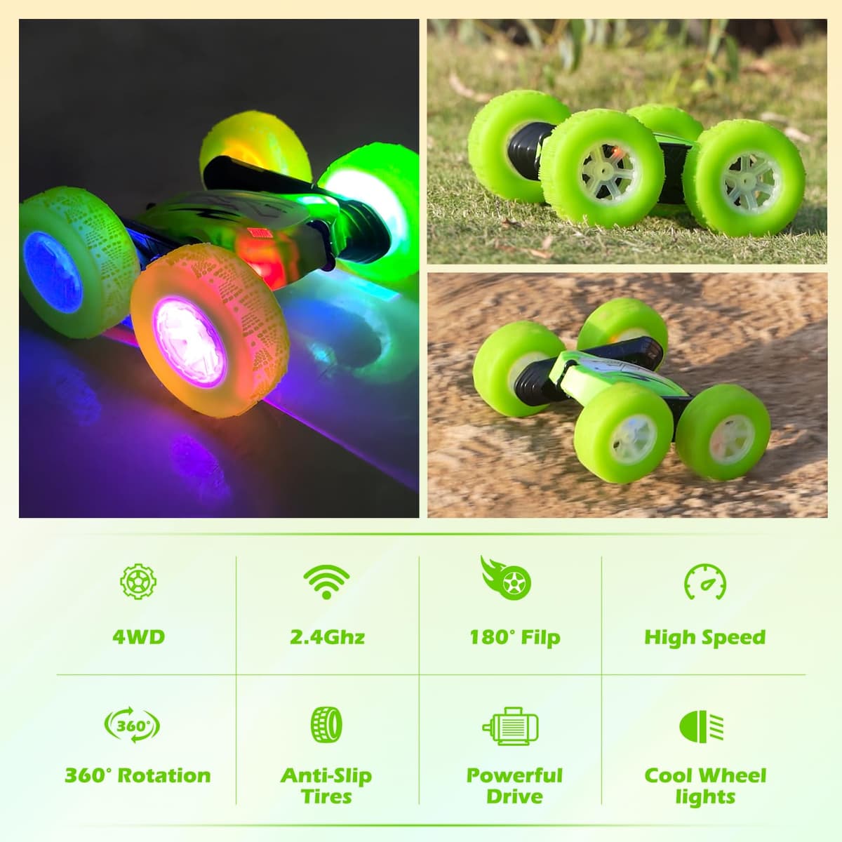 Rodzon Coche Teledirigido,Coche AcrobáTico Camiones 360 Grados De RotacióN,Juguete Niño Regalo 6 7 8 9 12 Años Niña 2.4Ghz Niños Coche Teledirigido con Luces Incluye Batería Recargable (Verde) — view 3