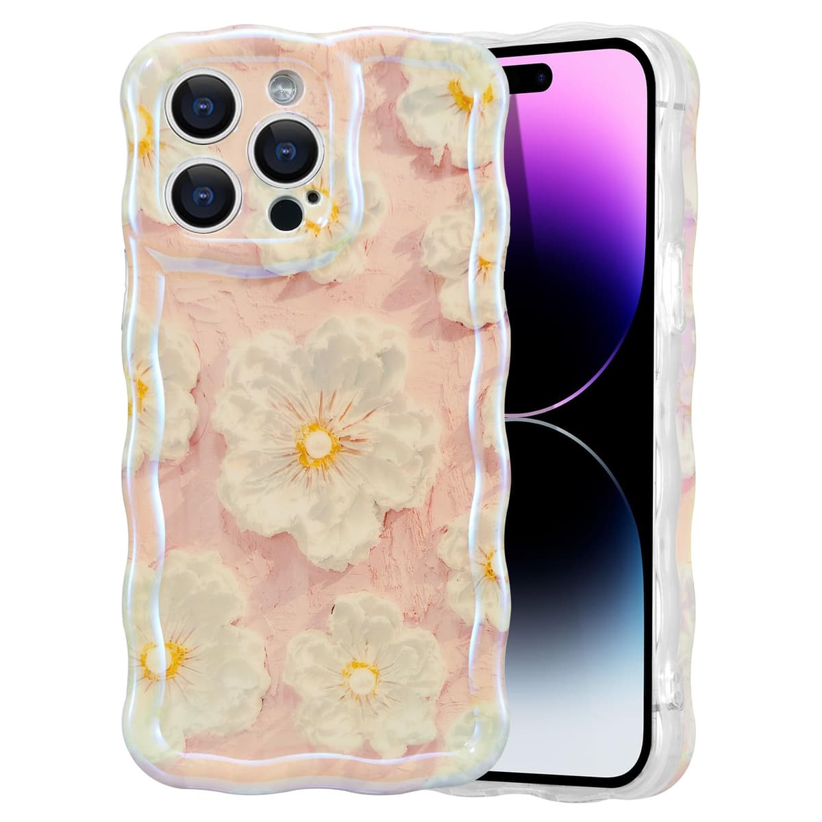 EYZUTAK Case for iPhone 16, Colorful Retro Oil Painting Printed Flower Laser Glossy Pattern Cute Curly Wave Edge Exquisite Phone Cover Stylish Durable TPU Protective Case for Girl Women-Green — view 31