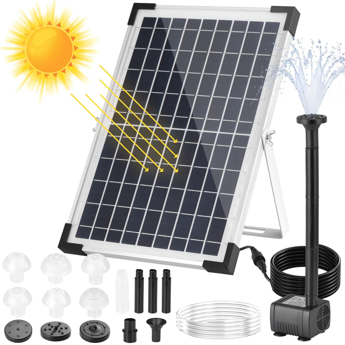 Clevich 12W Solar Fountain Pump with 500L/h Flow Rate, 1M Tube & 9 Nozzles for Garden Ponds, Bird Baths & Fish Tanks – 3.25M Cable for Outdoor Water Features