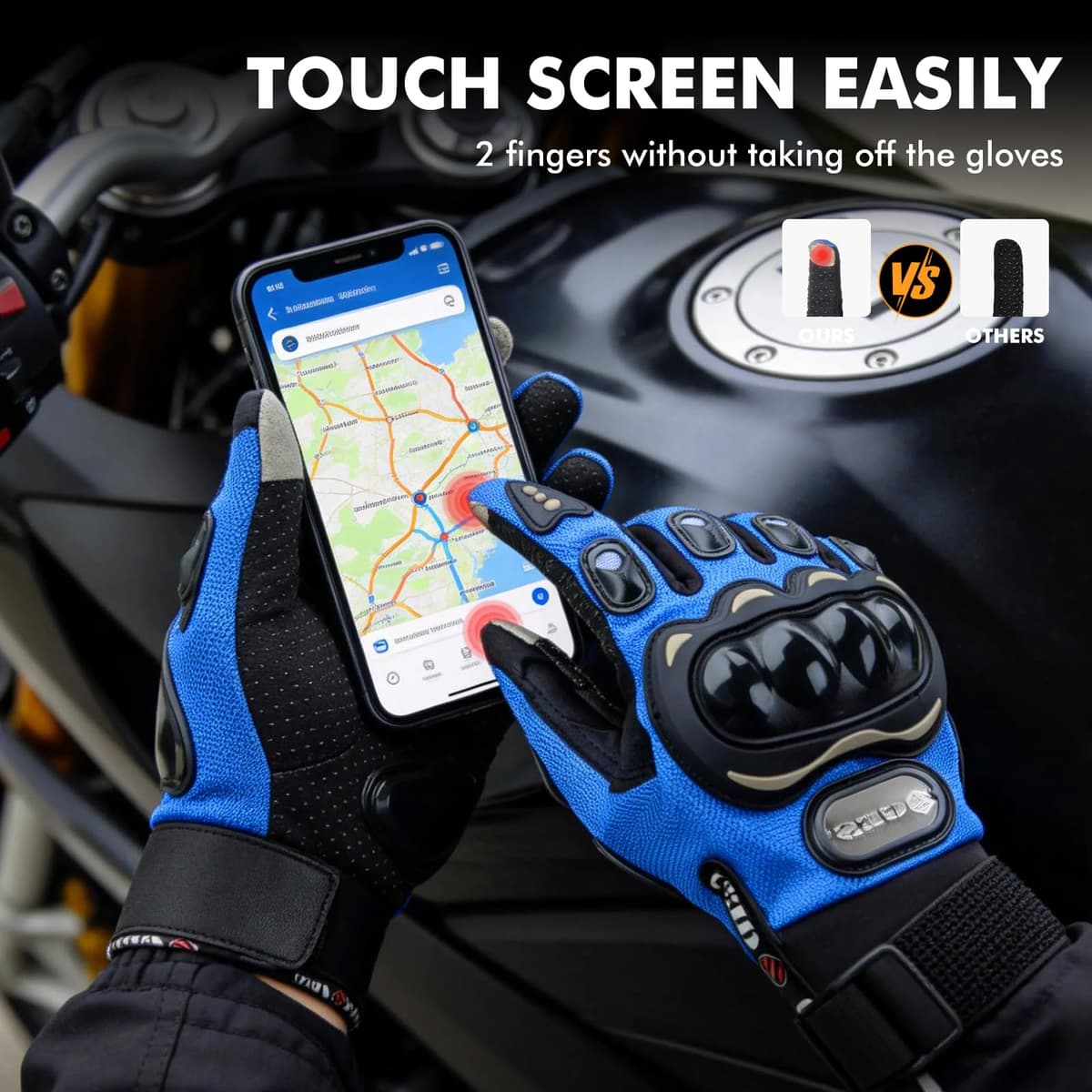 GES Motorcycle Riding Gloves for Men, All-Weather Full Finger Touch Screen Gloves, Breathable Water Resistant Motocross Racing Gloves for ATV, Dirt Bike, Scooter — view 3