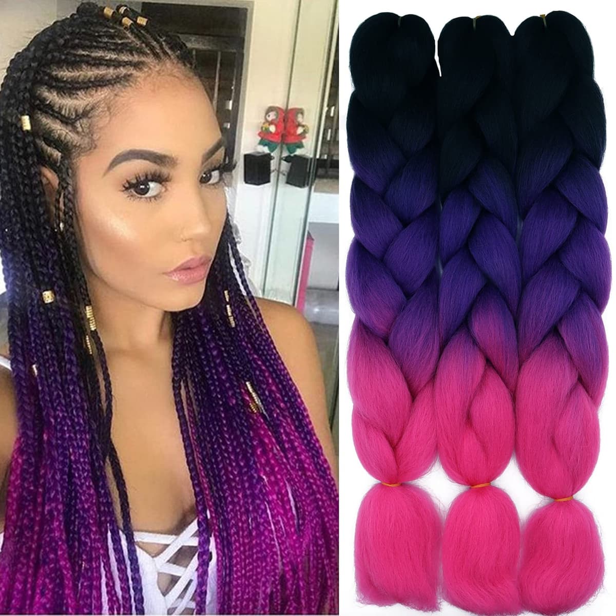 24" Braiding Hair Extension Jumbo Braids Synthetic 3bundles/pack Crochet Hair Afro Box Braid Heat Resistent (Dark Purple) — view 140