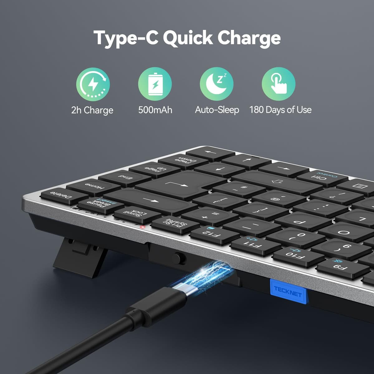 TECKNET 2.4G Wireless Keyboard, Rechargeable Bluetooth Keyboard for 4 Multi Devices, QWERTY UK Layout Compact Mini keypad, Small Silent Keys for Laptop, Phone, Smart TV, Computer, Tablet - Silver — view 3