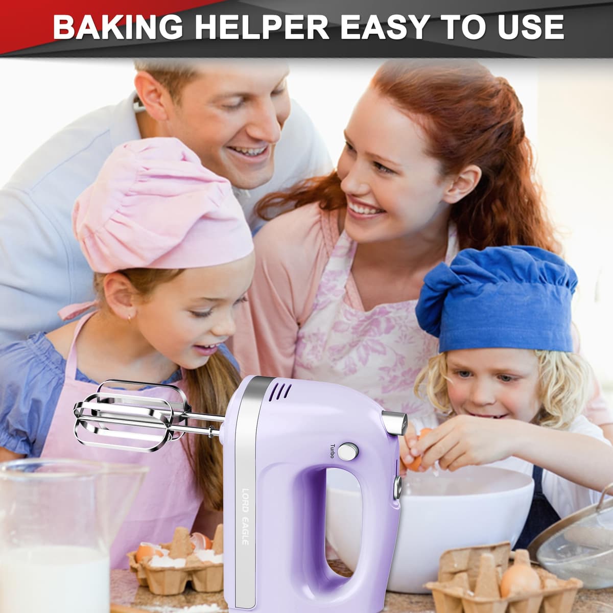 Lord Eagle Hand Mixer Electric Whisk, 400W Power Handheld Mixer for Baking Cake Egg Cream Food Beater, Turbo Boost/Self-Control Speed + 5 Speed + Eject Button + 5 Accessories, Purple — view 8