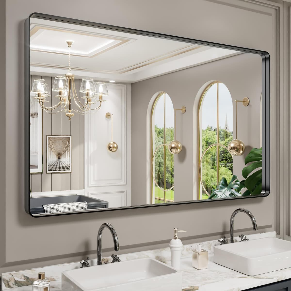 LOAAO 48”X36” Gold Bathroom Mirror, Rounded Rectangle Gold Frame Mirror, Brushed Gold Bathroom Vanity Mirror Wall-Mounted, Anti-Rust, Tempered Glass, Hangs Horizontally or Vertically — view 59
