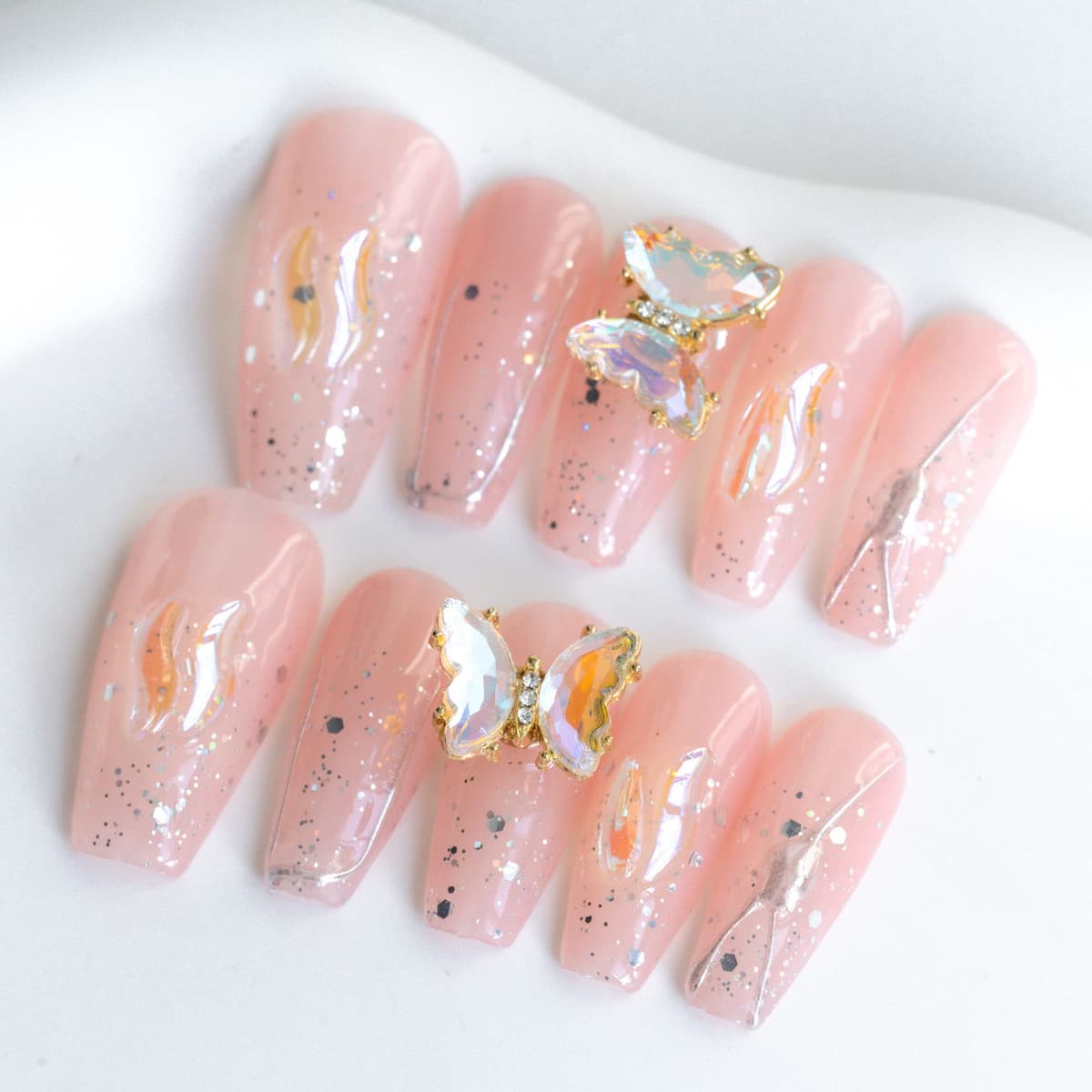 Sun&Beam Nails Handmade Press On Nail Long Coffin Ballerina Pink Flower Acrylic Fake Tip 3D Design Art Charms Cute with Storage Box 10 Pcs (S) — view 159