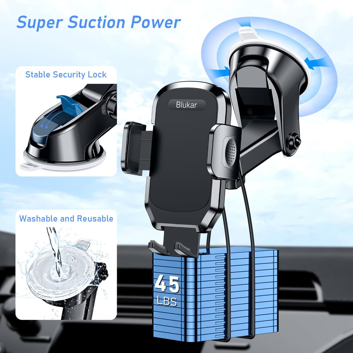 Blukar Car Phone Holder, Adjustable Car Phone Mount Cradle 360° Rotation - Upgraded Strong Sticky Gel Pad for Dashboard/Windscreen - One Button Release Mobile Accessories for All 4.0''-6.7'' Phones — view 3