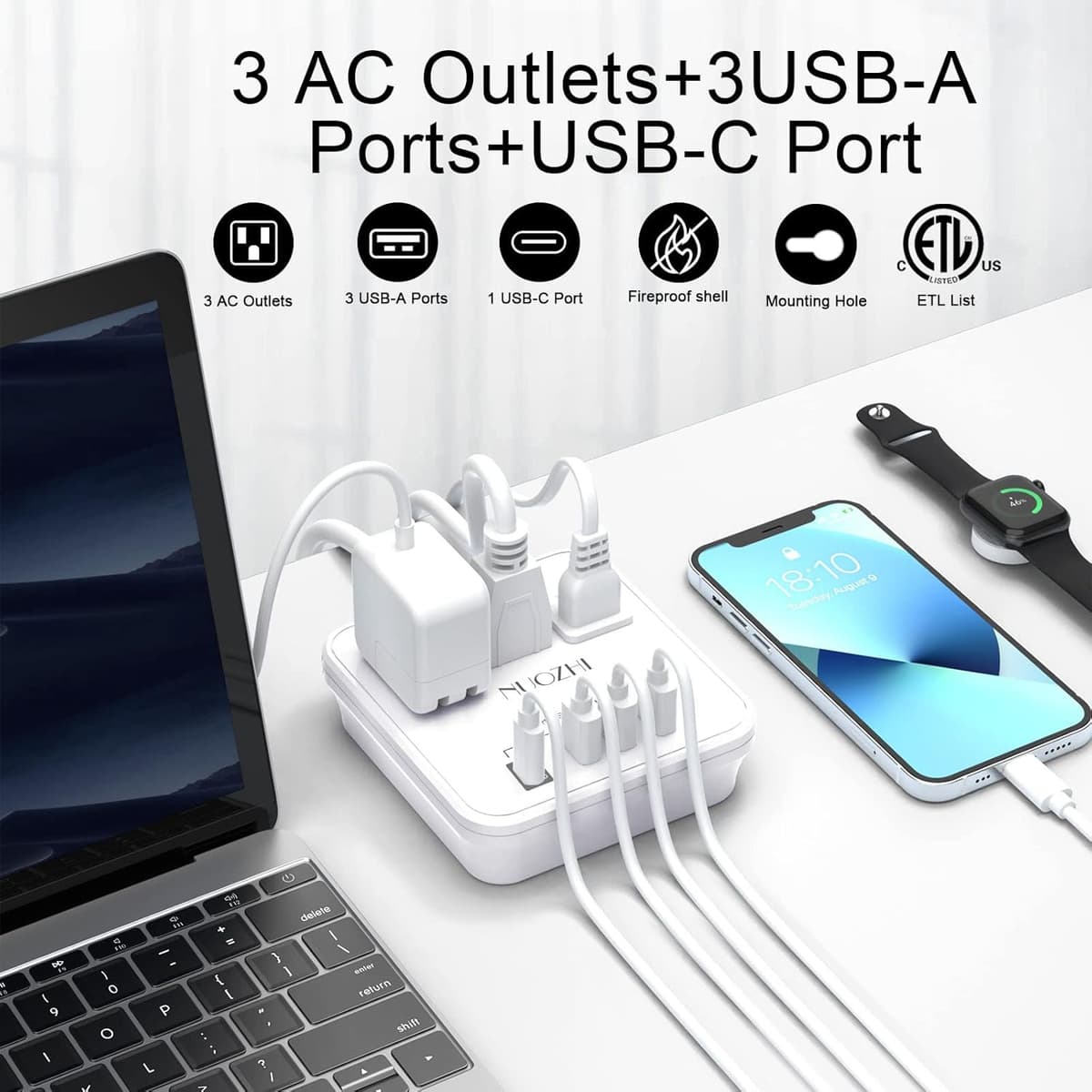 Cruise Essentials, NUOZHI 6 Ft Power Strip with 3 Outlets and 4 USB Ports(1 USB C), Non Surge Protector for Cruise Ship, Travel, Home Office, ETL Listed, White 6 Ft White