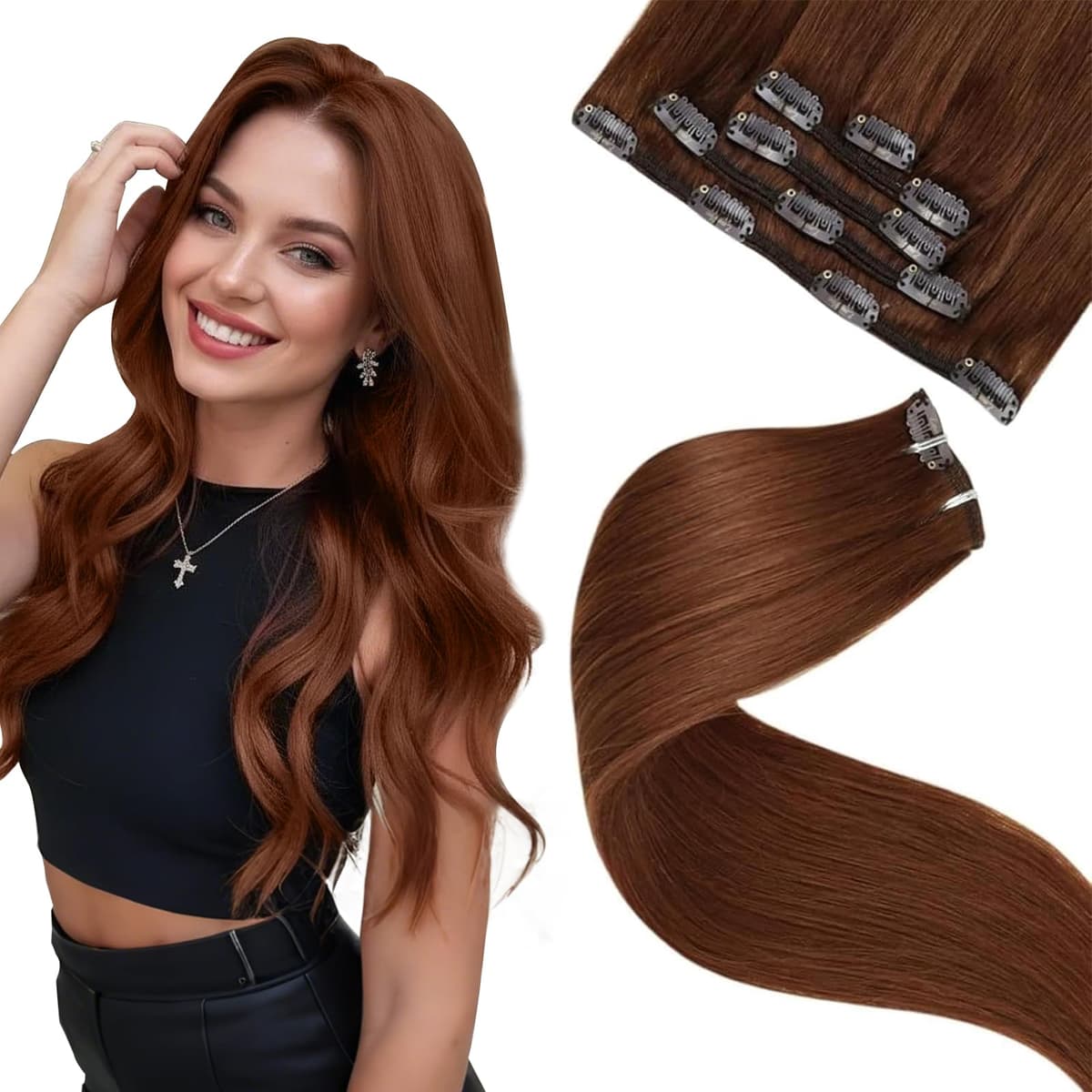 LaaVoo Hair Extensions Clip in Real Human Hair Brown Clip in Hair Extensions Dark Brown Remy Straight Hair Full Head Double Weft 80g 5pcs 14 Inch #4 — view 11