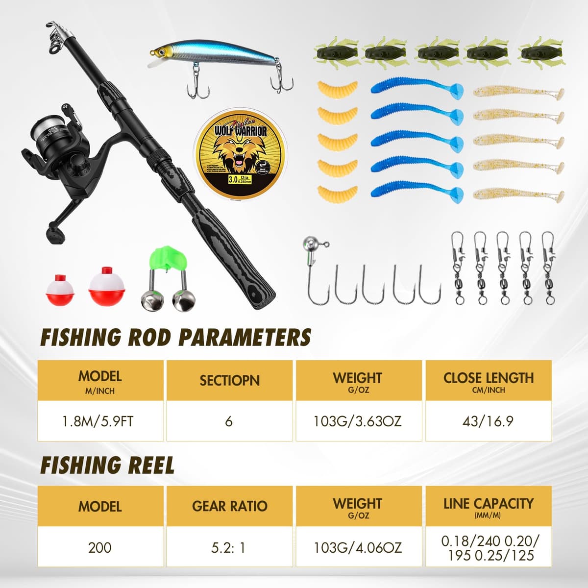 Juego de caña de Pescar telescópica (1,8 m), Incluye carretes de Spinning caña señuelos sacadera sedal Accesorios y Bolsa Juego Completo para Pesca en Agua Salada y Dulce — view 4