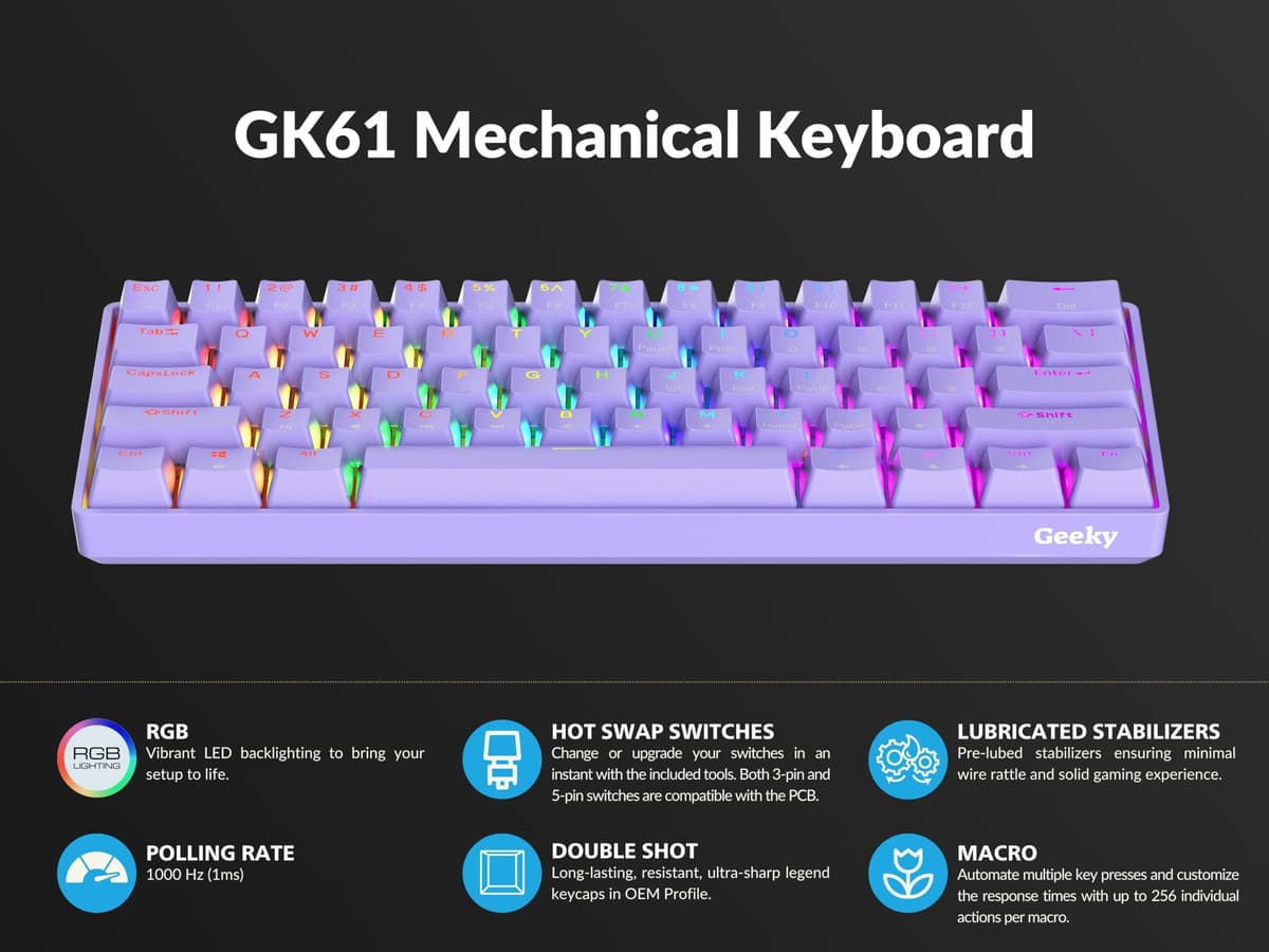 Geeky GK61 60% | Hot Swappable Mechanical Gaming Keyboard | 61 Keys Multi Color RGB LED Backlit for PC/Mac Gamer | ANSI US American Layout (Lavender, Mechanical Speed Yellow) — view 5