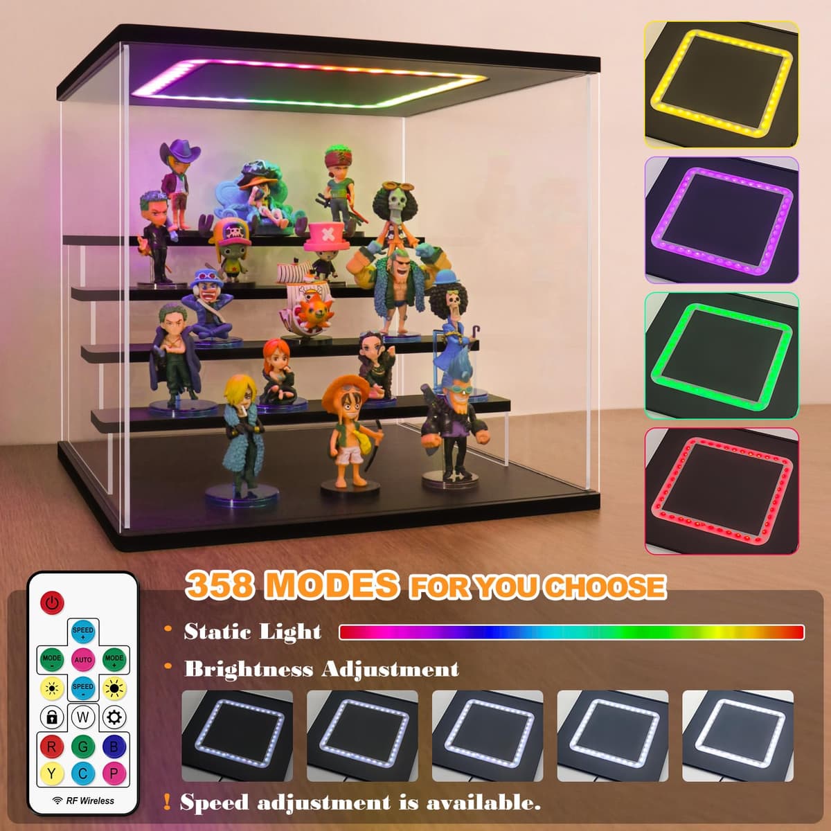 Nonemey Vitrina Expositora Transparente con Luz Led de Colores,3/4/5/6 Niveles Cajas de Metacrilato,Antipolvo Caja Organizadora,Vitrina Acrílica para Colecciones (Negro, 4Tier-31.5*24.5*26.5 cm) — view 4