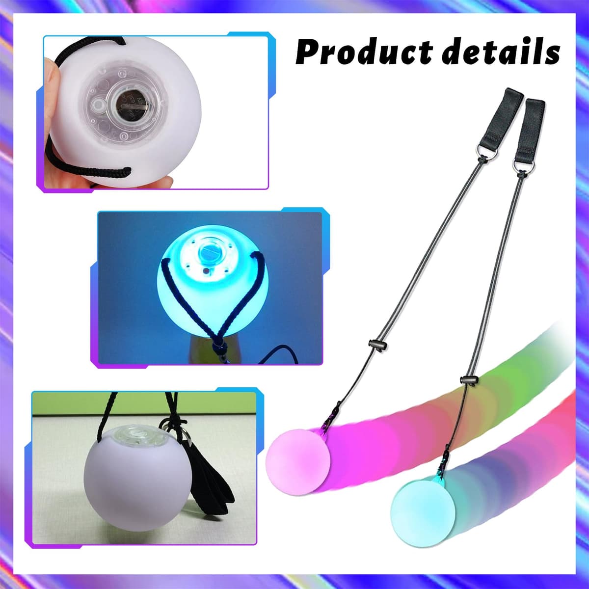 KIKVTER 2 bolas LED Poi Balls, bolas de malabares luminosas, bola luminosa, bola LED con colores del arco iris y efecto estroboscópico, juguete de circo, juego de spinning para adultos, principiantes — view 3