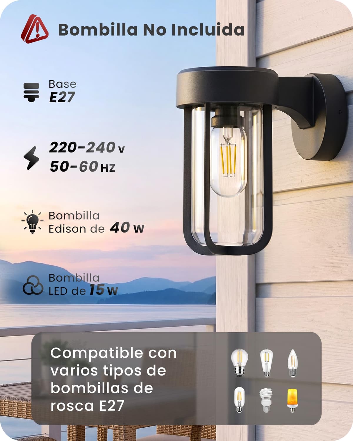 Aplique de Pared para Exterior con Carcasa Metálica y Pantalla de Cristal Transparente, Base E27 (Bombilla no incluida), Protección IP44, Balcón, Porche, Patio, Jardín, Garaje, Pasillo, Negro — view 2