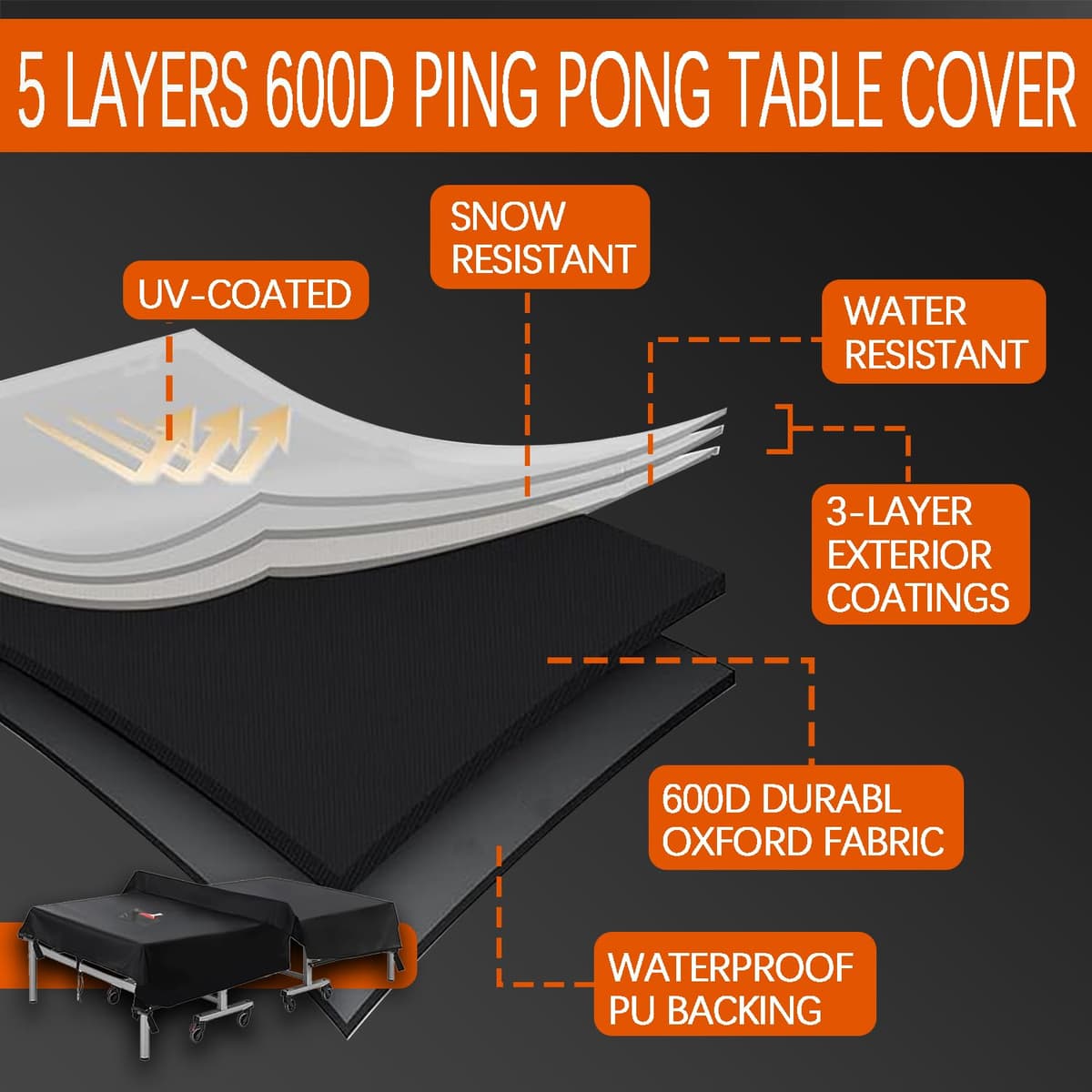 Funda para mesa de ping pong para exterior e interior Funda resistente 600D paras mesa de tenis des mesas impermeable con hebillas paras mesas plegables y planas,Plata,165x70x185cm — view 4