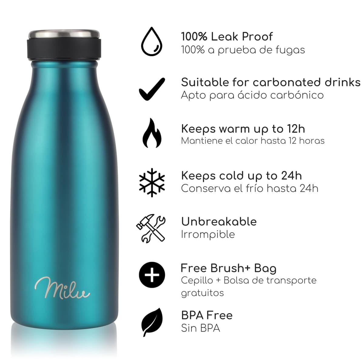 Milu Botella de acero inoxidable de 350ml 500ml 750 ml 1 L 1,5 L botella de agua aislada, termo a prueba de fugas, doble pared, apta para ácido carbónico + cepillo de limpieza (Azul Violeta, 350ml) — view 185