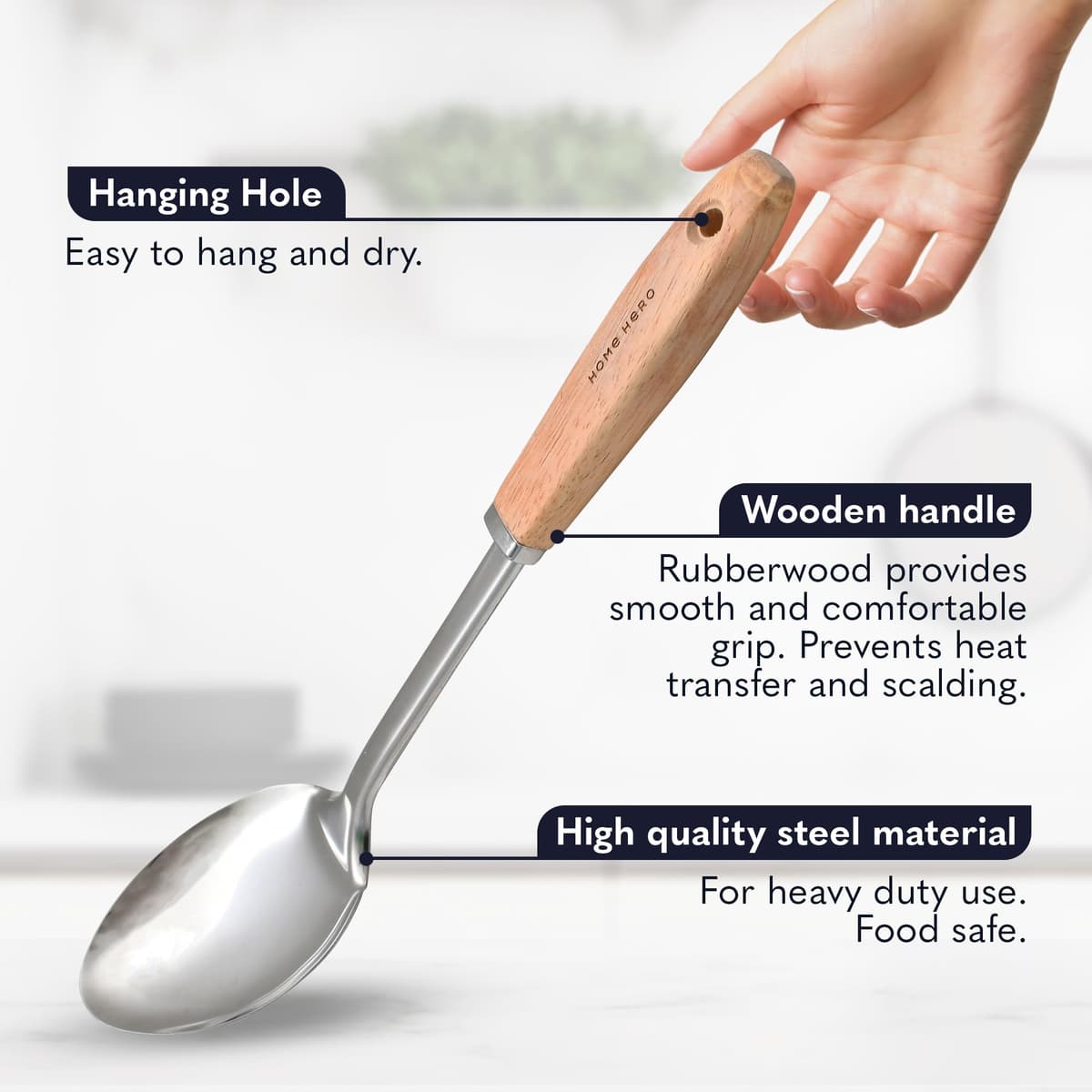 Home Hero Stainless Steel Kitchen Utensils Set - Nonstick Cooking Utensils Set - Heat Resistant Kitchen Essentials & Metal Kitchen Gadgets (10 pcs - Wood and Stainless Steel) — view 4