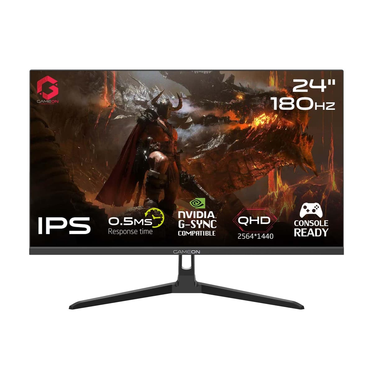 GAMEON 24 Inch 2K QHD Gaming Monitor Fast IPS 2560x1440 Display 180Hz Smooth Performance 0.5ms Adaptive Sync HDMI 2.1 Ideal for PC Console Gaming and Daily Use