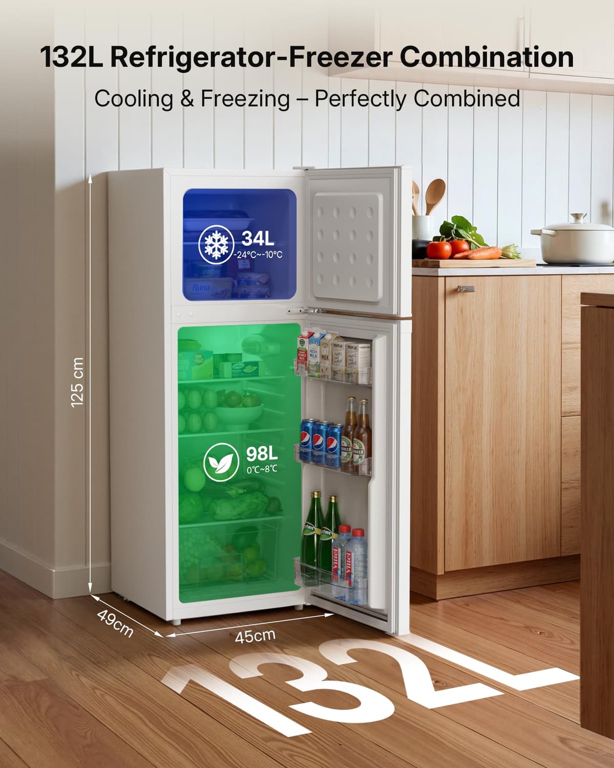 Upstreman 132L Fridge Freezer 70/30, 98L Refrigerator with 34L 4-Star Freezer Compartment on Top, 39dB Quiet Operation and LED Lighting, Refrigerator for Kitchen/Office/Apartment, TM132-White — view 2