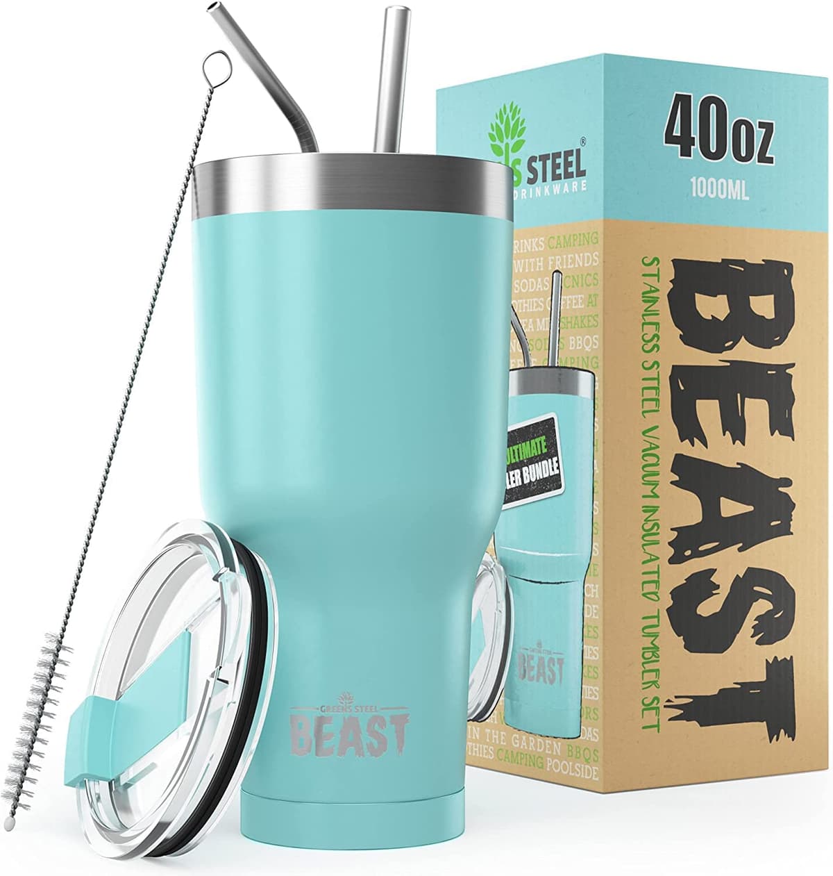 Greens Steel Beast Tumbler – 550 ml (20 oz), Coral | Vaso de acero inoxidable reutilizable con aislamiento al vacío | con 2 pajitas y cepillo de limpieza | Termo de viaje de doble pared — view 14