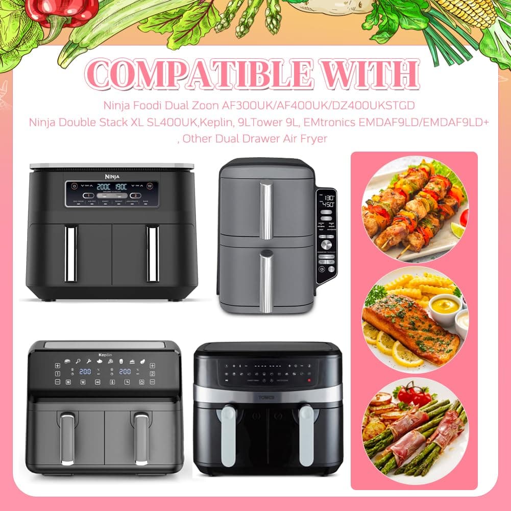 BYKITCHEN 100pcs Air Fryer Liners for Ninja Dual, Air Fryer AF300UK AF400UK Accessories, Disposable Parchment Paper Liner, Compatible with Ninja, Salter, Tower and Other Dual Zone Air Fryer — view 3