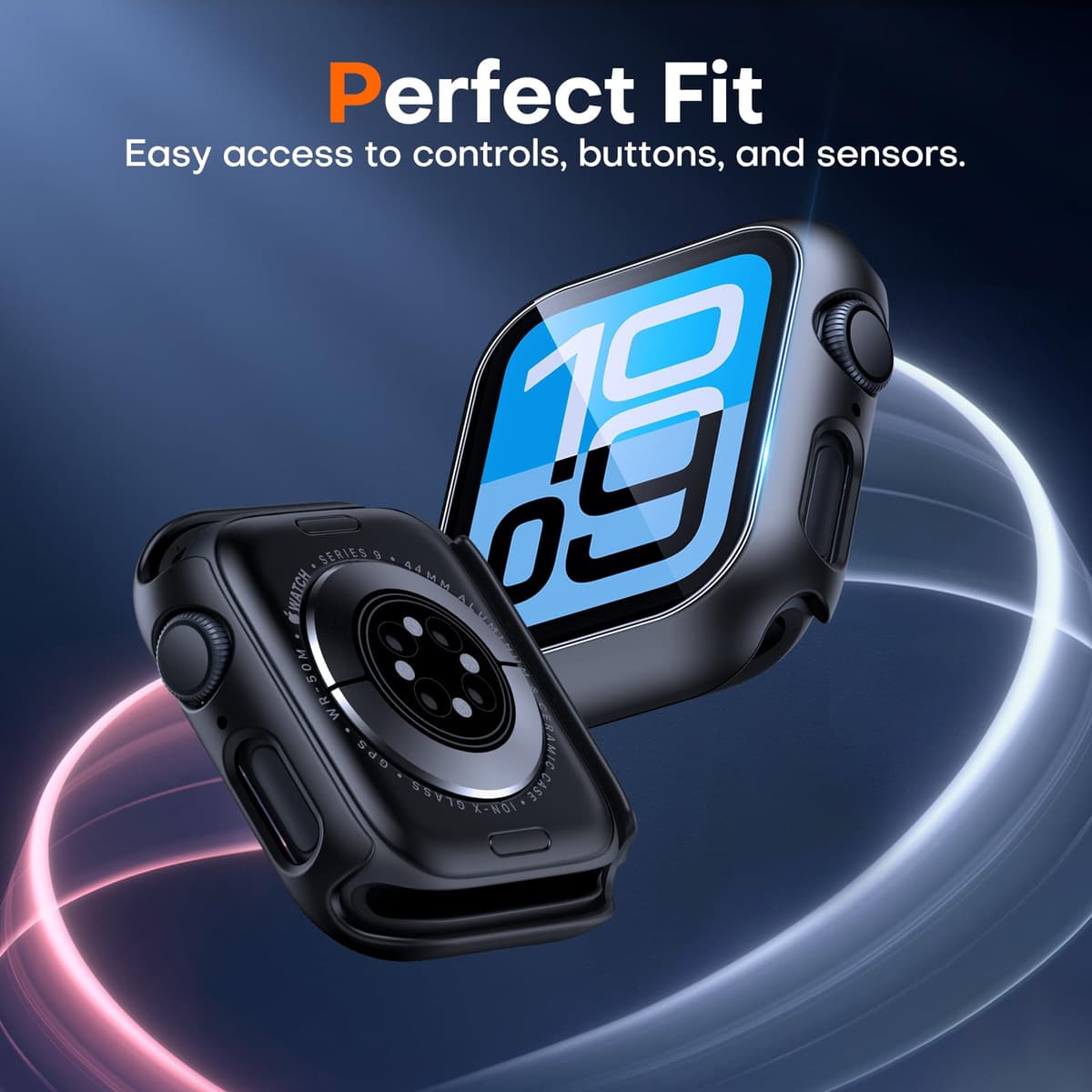 TAURI 2 Pack Hard Case for Apple Watch SE 3 /Series 6/5/4 /SE 44mm with 9H Tempered Glass Screen Protector, [Touch Sensitive] [Full Coverage] Slim Bumper Protective Cover for iWatch 44mm - Black — view 5