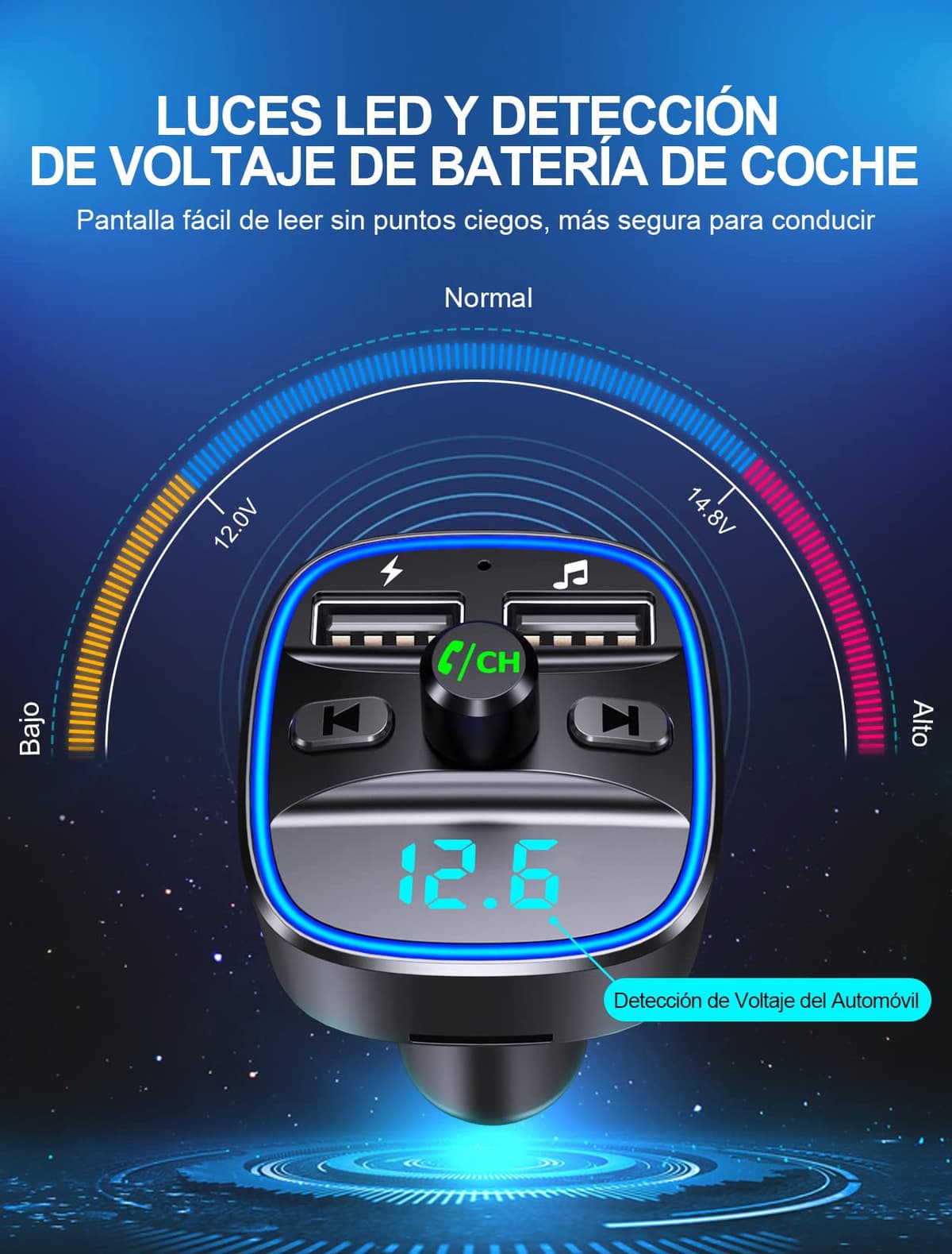 Mohard Transmisor FM Bluetooth Coche, Manos Libres Adaptador Bluetooth Coche Mechero, Musica Radio Inalámbrico Reproductor MP3, Puertos USB Duales (5V/2.4A & 1A), Soporte Unidad Flash USB y Tarjeta TF — view 7