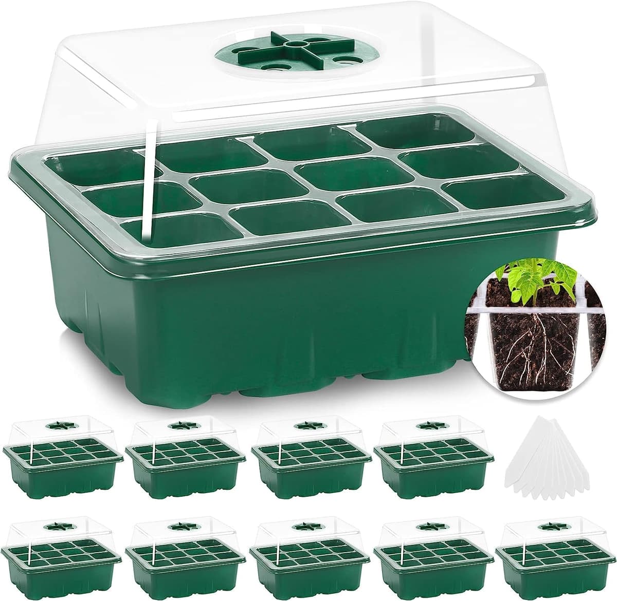 MIXC Seed Trays, 10 Pack 120 Cells Seed Tray for Seedlings Reusable Seed Trays with Lids, propagators for plants, Germination Trays Kit Plastic for Greenhouse/Garden Black — view 8