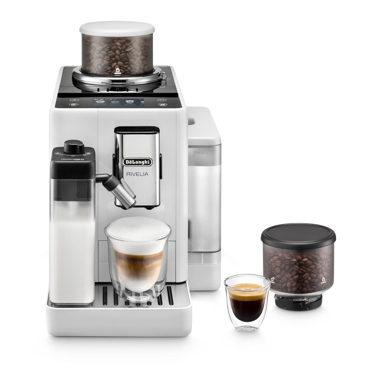 De’Longhi Rivelia – Cafetera Superautomática, LatteCrema Jarra de leche automática, 16 Bebidas One-Touch, Pantalla Táctil, Depósitos de Granos de Café Intercambiables, Blanco (EXAM440.55.W) — view 4