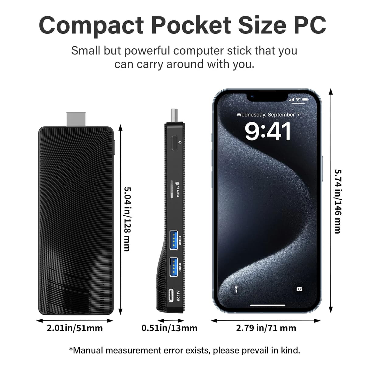Mini PC Stick Fanless, Micro Computer Stick Pentium N4200 4GB 64GB eMMC (1.1 GHz), Small PC, USB3.0 X 2 Gigabit Ethernet 4K 60Hz, WiFi BT 5.0 HDMI 2.0 for Business Industrial IOT Media, Office — view 3