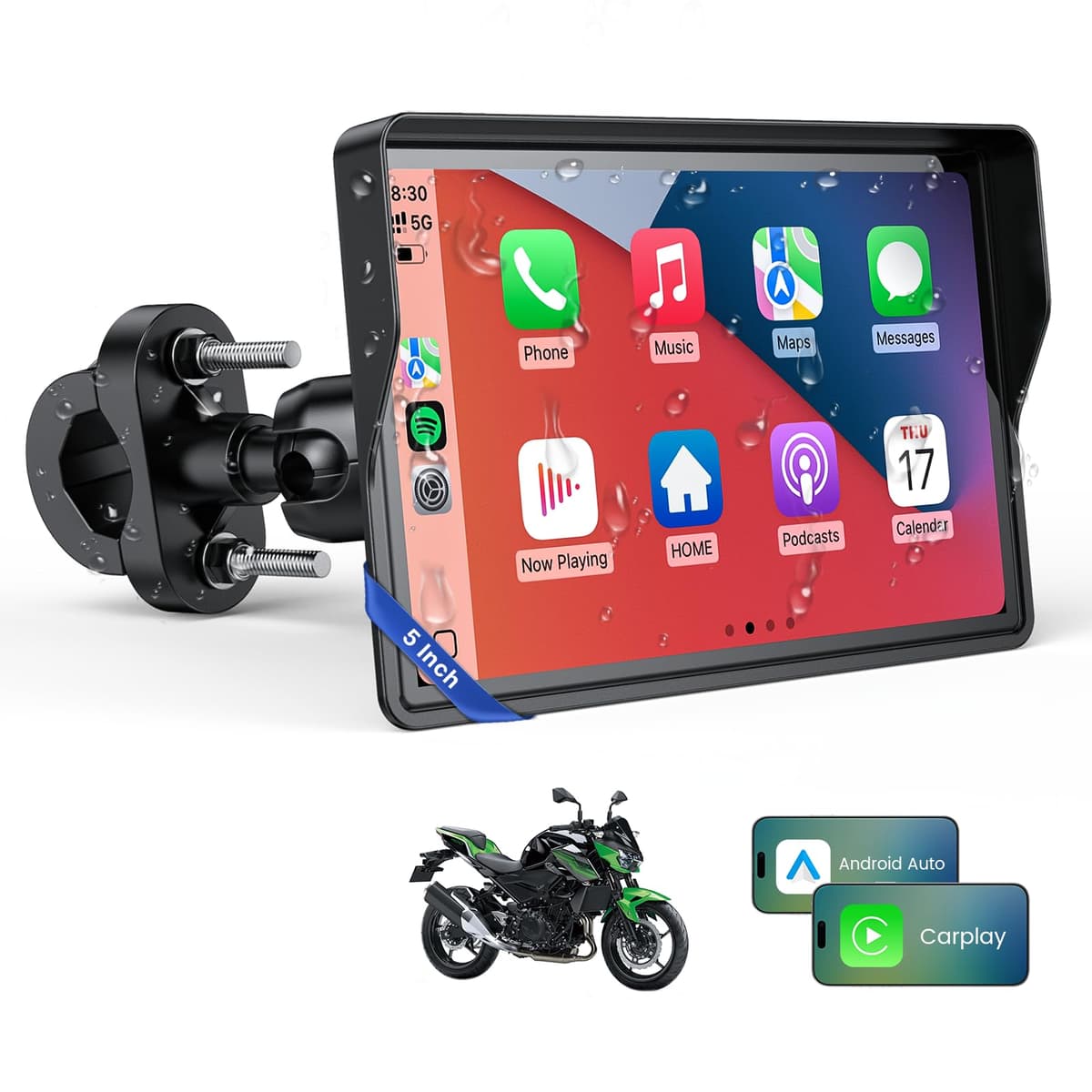 WonVon 5 Pulgadas CarPlay para Motocicleta Sistema de Navegación GPS con Apple CarPlay y Android Auto Pantalla Portátil con Doble Bluetooth, Navegación, Siri, Asistente de Google