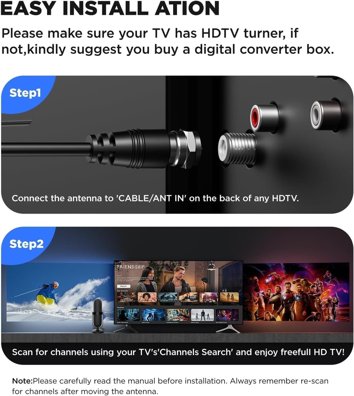 Indoor TV Aerial,650+ Miles Range TV aerial Indoor with Amplifier Signal Booster,Digital Ariels for Smart and Older TV's,HDTV Aerial Supports 4K 1080P HD Local Channels (Glossy Black) — view 4