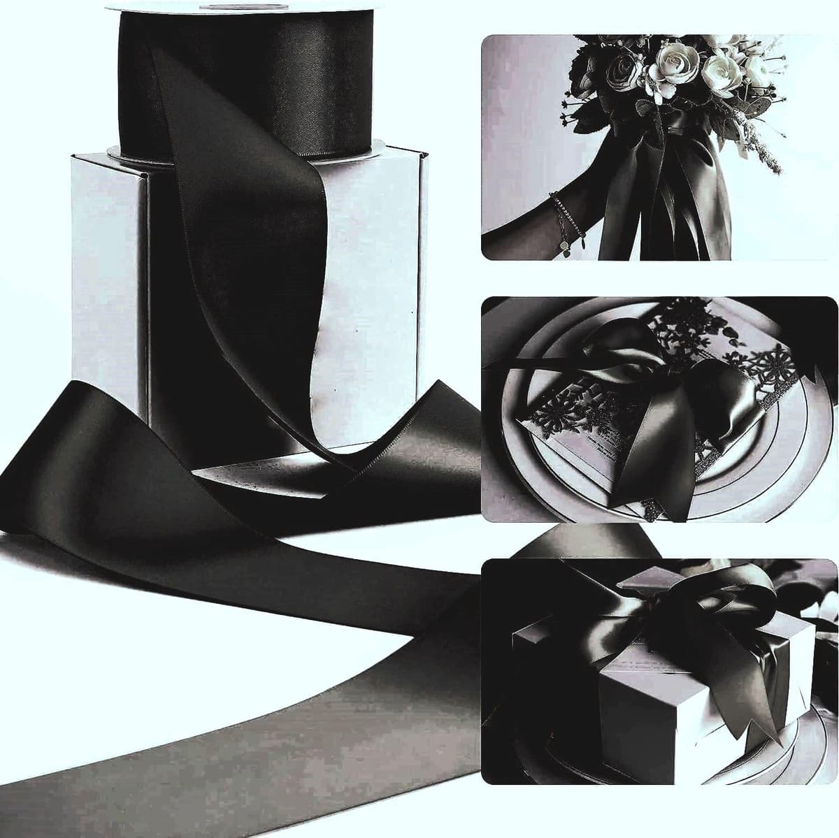 Double Sided Satin Ribbon Size 25mm x 10 Meters, Perfect for Gifts Wrap Sew Party, Decorations Events Dress Wedding Christmas Crafts, Bows Car, DIY, Bouquets, Cake More (Black) — view 3